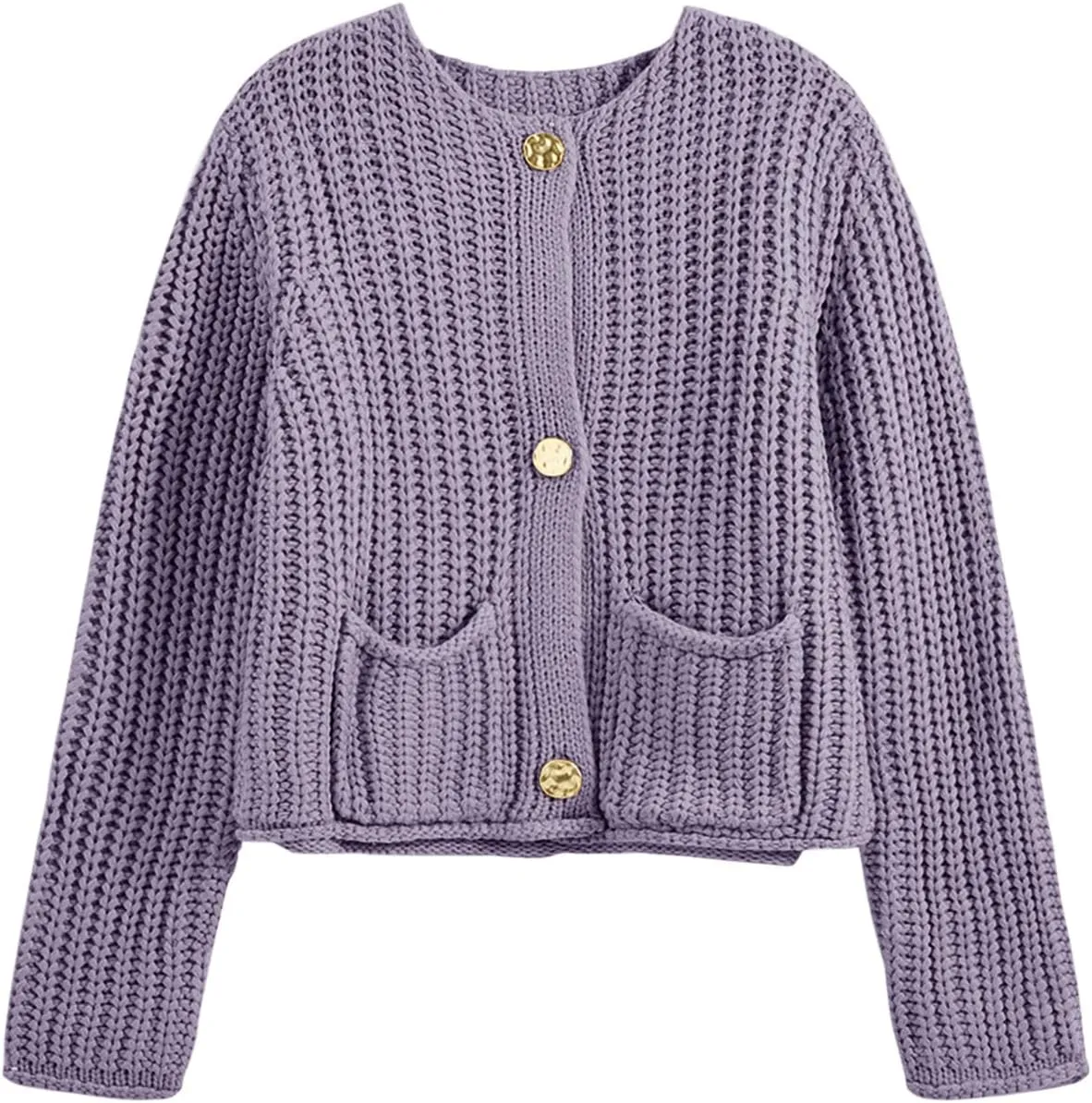 Saodimallsu Womens Button Up Sweaters Fall Chunky Knit Cropped Trendy Crewneck Loose Cardigan with Pockets