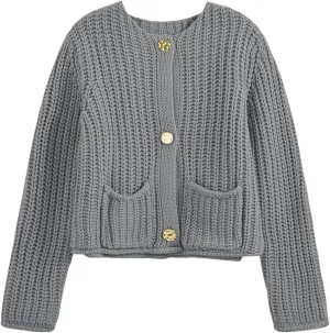 Saodimallsu Womens Button Up Sweaters Fall Chunky Knit Cropped Trendy Crewneck Loose Cardigan with Pockets