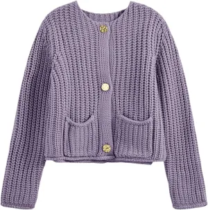 Saodimallsu Womens Button Up Sweaters Fall Chunky Knit Cropped Trendy Crewneck Loose Cardigan with Pockets