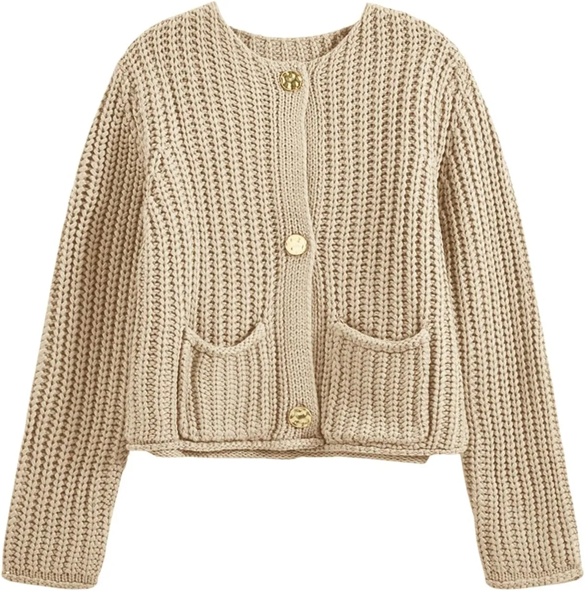 Saodimallsu Womens Button Up Sweaters Fall Chunky Knit Cropped Trendy Crewneck Loose Cardigan with Pockets
