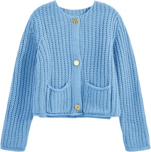 Saodimallsu Womens Button Up Sweaters Fall Chunky Knit Cropped Trendy Crewneck Loose Cardigan with Pockets