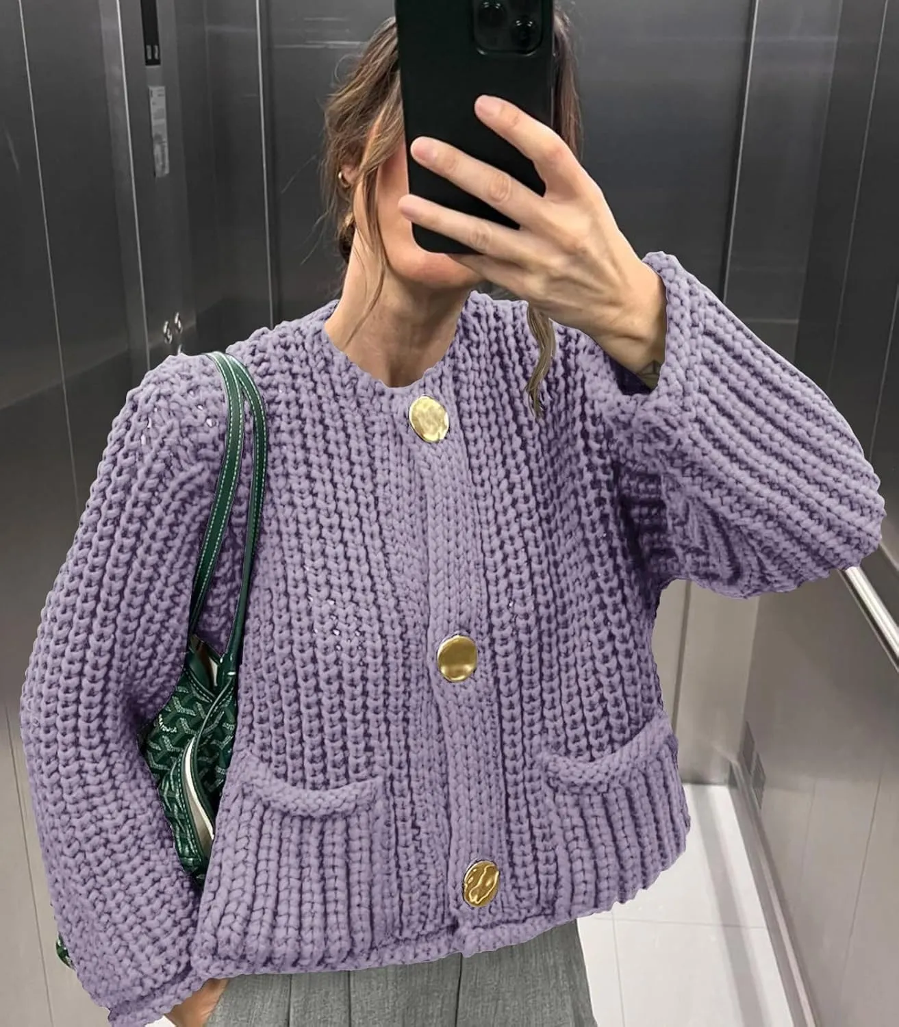 Saodimallsu Womens Button Up Sweaters Fall Chunky Knit Cropped Trendy Crewneck Loose Cardigan with Pockets