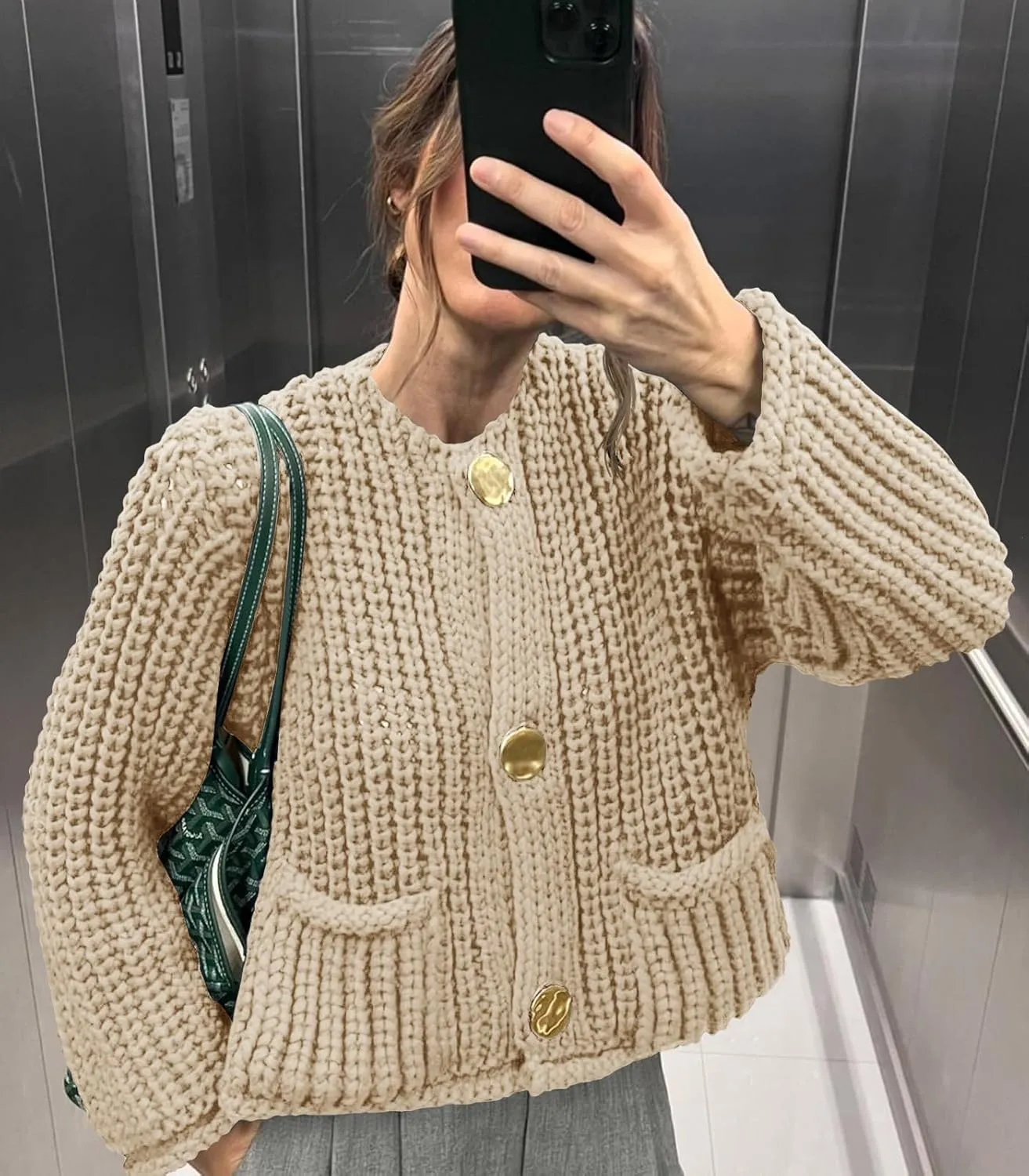 Saodimallsu Womens Button Up Sweaters Fall Chunky Knit Cropped Trendy Crewneck Loose Cardigan with Pockets