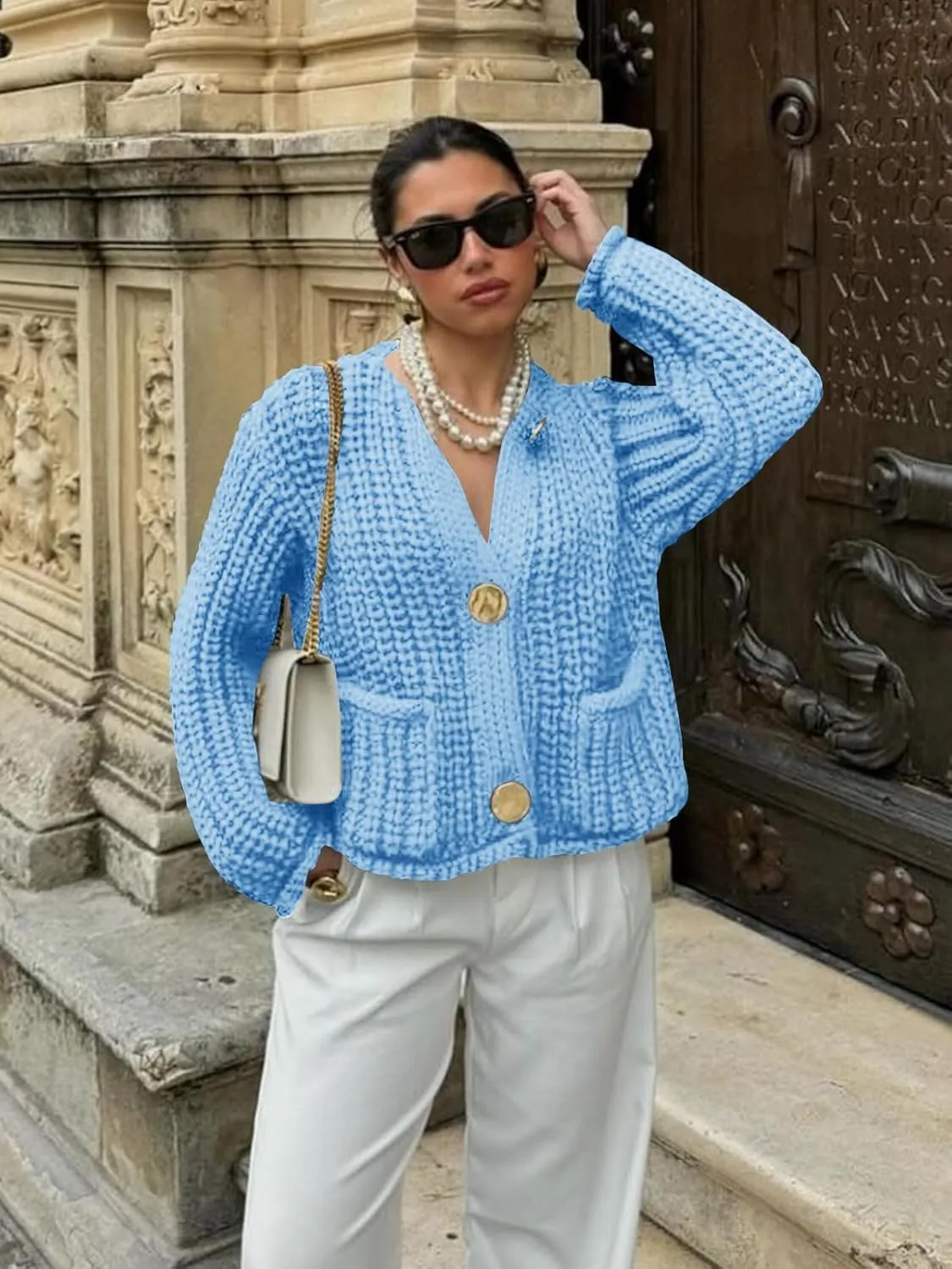 Saodimallsu Womens Button Up Sweaters Fall Chunky Knit Cropped Trendy Crewneck Loose Cardigan with Pockets