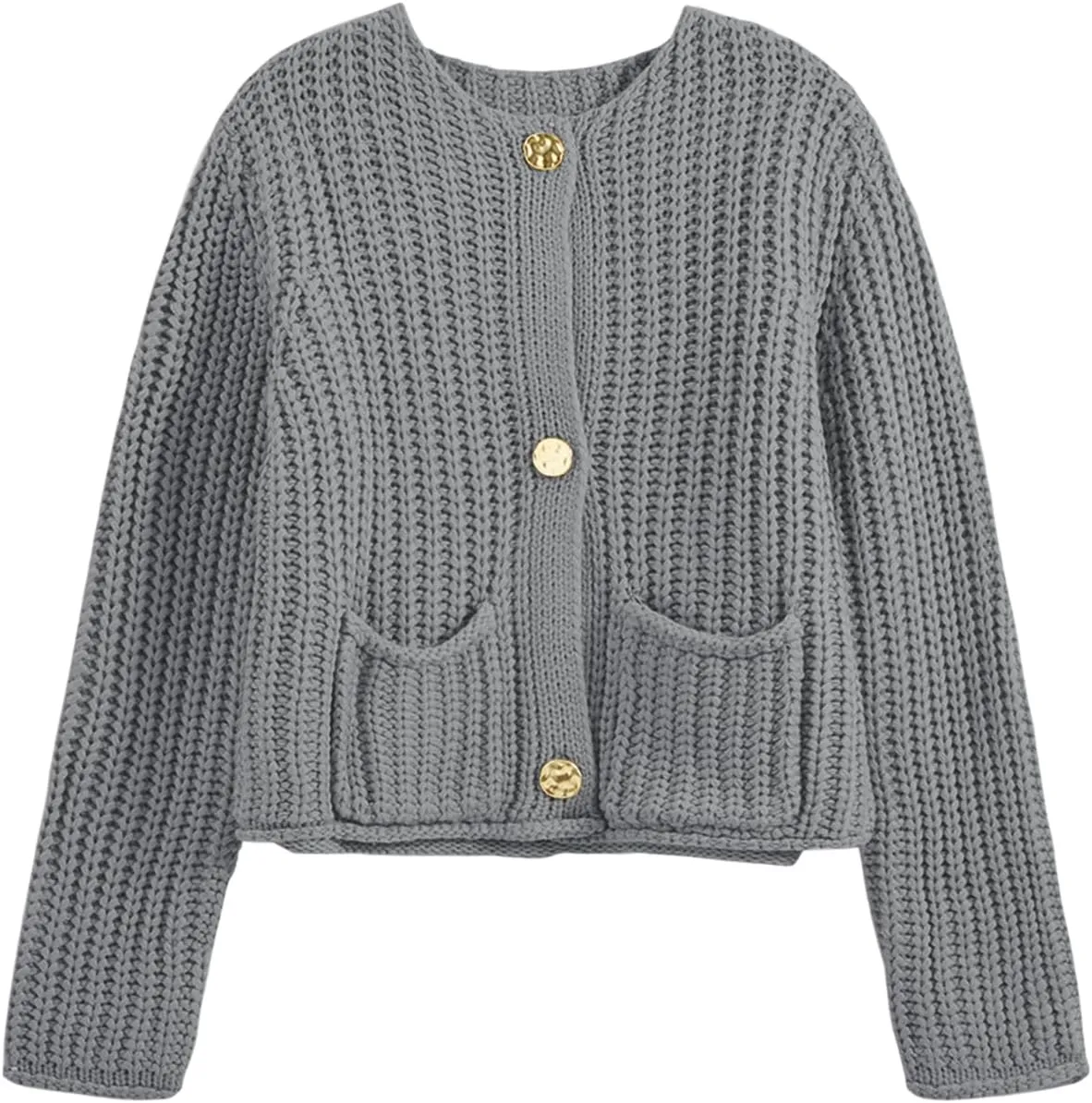 Saodimallsu Womens Button Up Sweaters Fall Chunky Knit Cropped Trendy Crewneck Loose Cardigan with Pockets