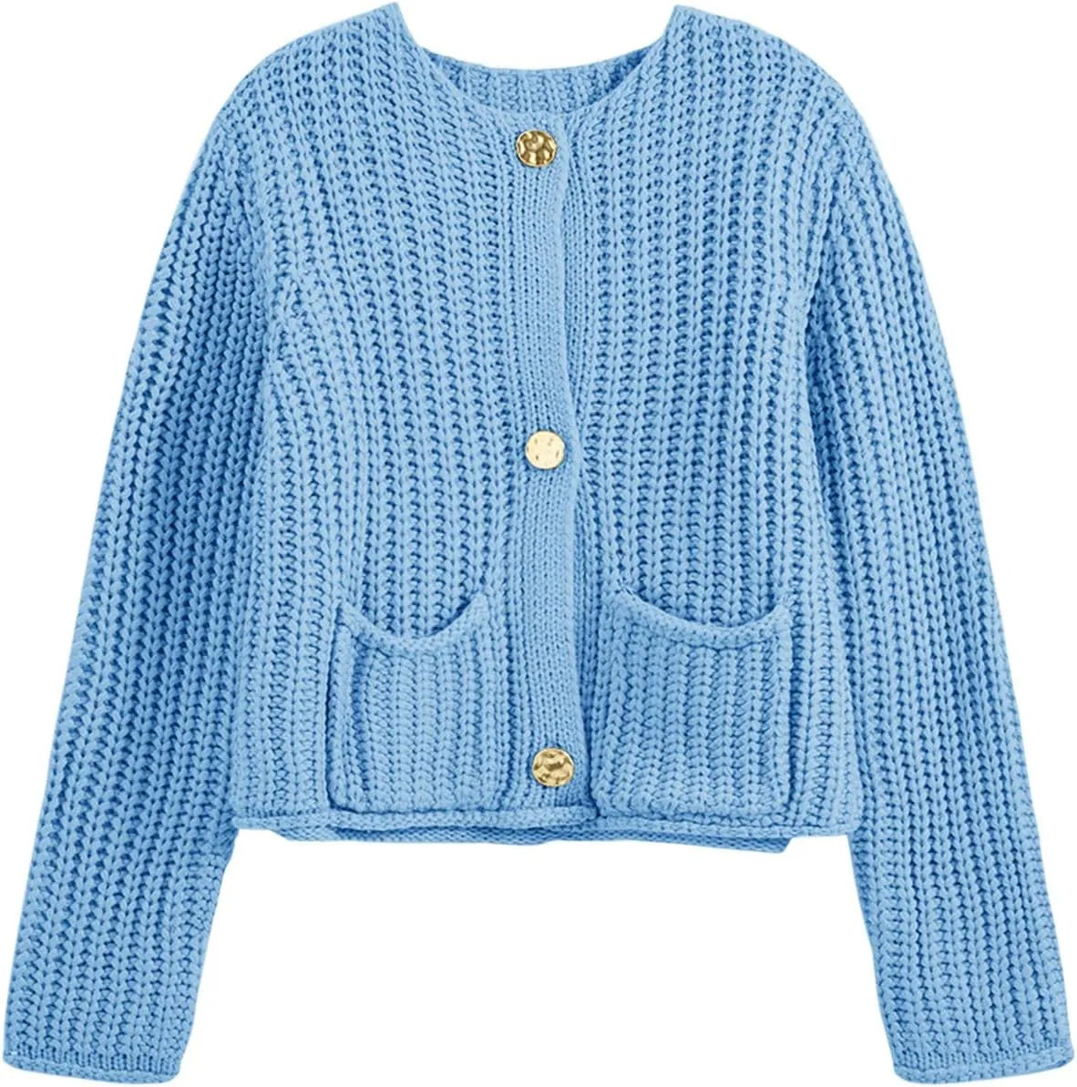 Saodimallsu Womens Button Up Sweaters Fall Chunky Knit Cropped Trendy Crewneck Loose Cardigan with Pockets