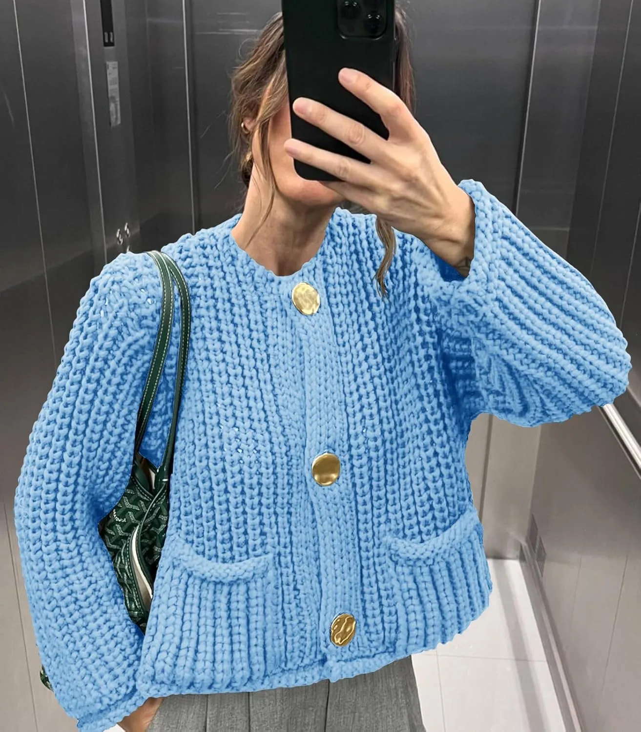Saodimallsu Womens Button Up Sweaters Fall Chunky Knit Cropped Trendy Crewneck Loose Cardigan with Pockets