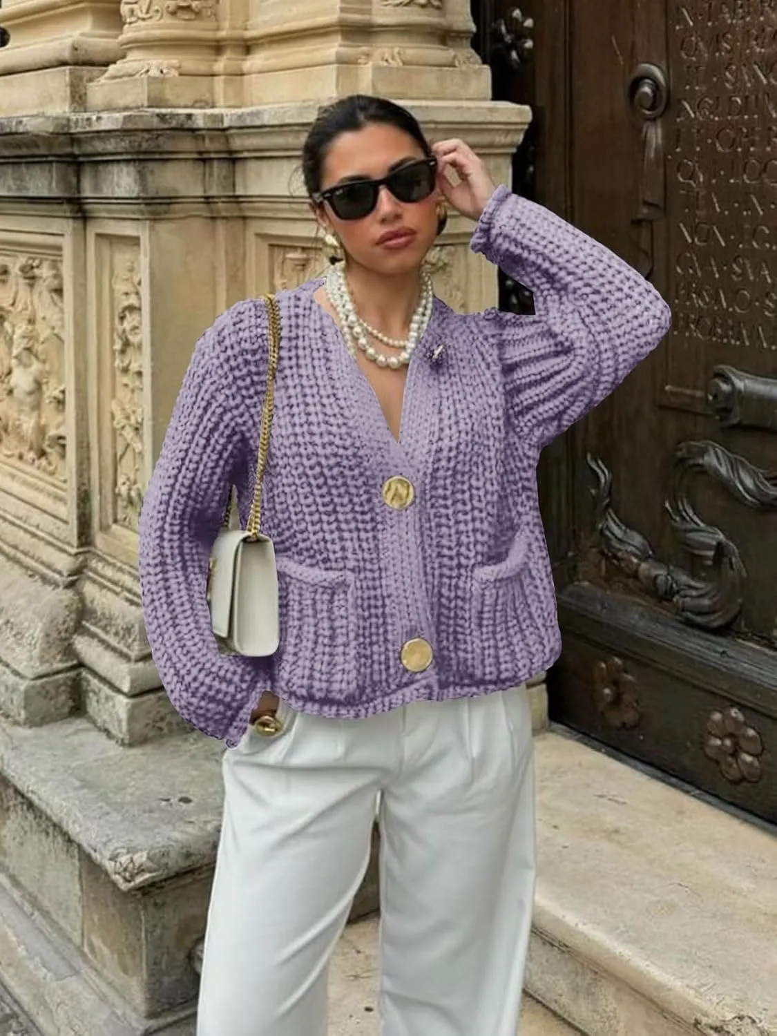 Saodimallsu Womens Button Up Sweaters Fall Chunky Knit Cropped Trendy Crewneck Loose Cardigan with Pockets