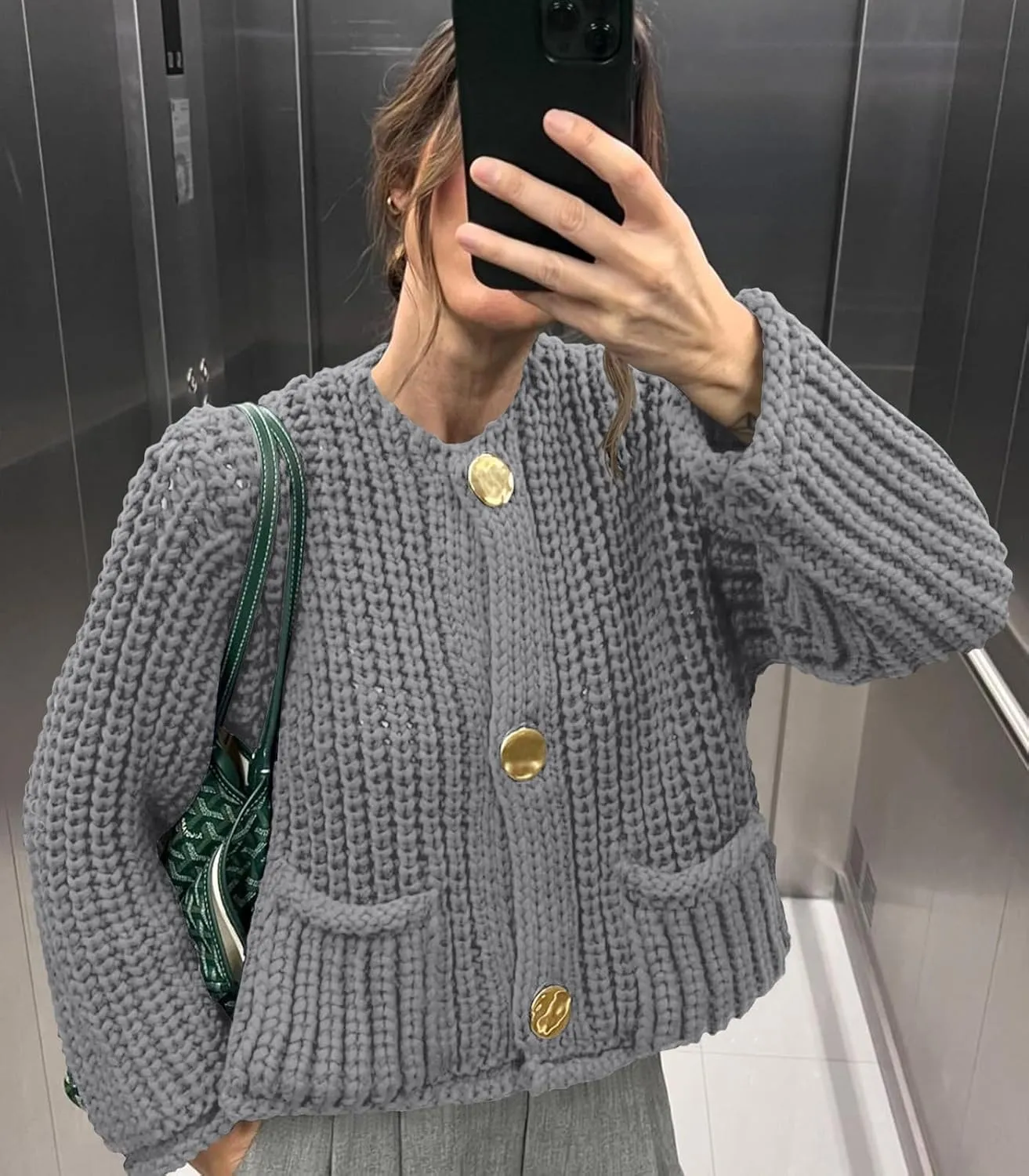 Saodimallsu Womens Button Up Sweaters Fall Chunky Knit Cropped Trendy Crewneck Loose Cardigan with Pockets