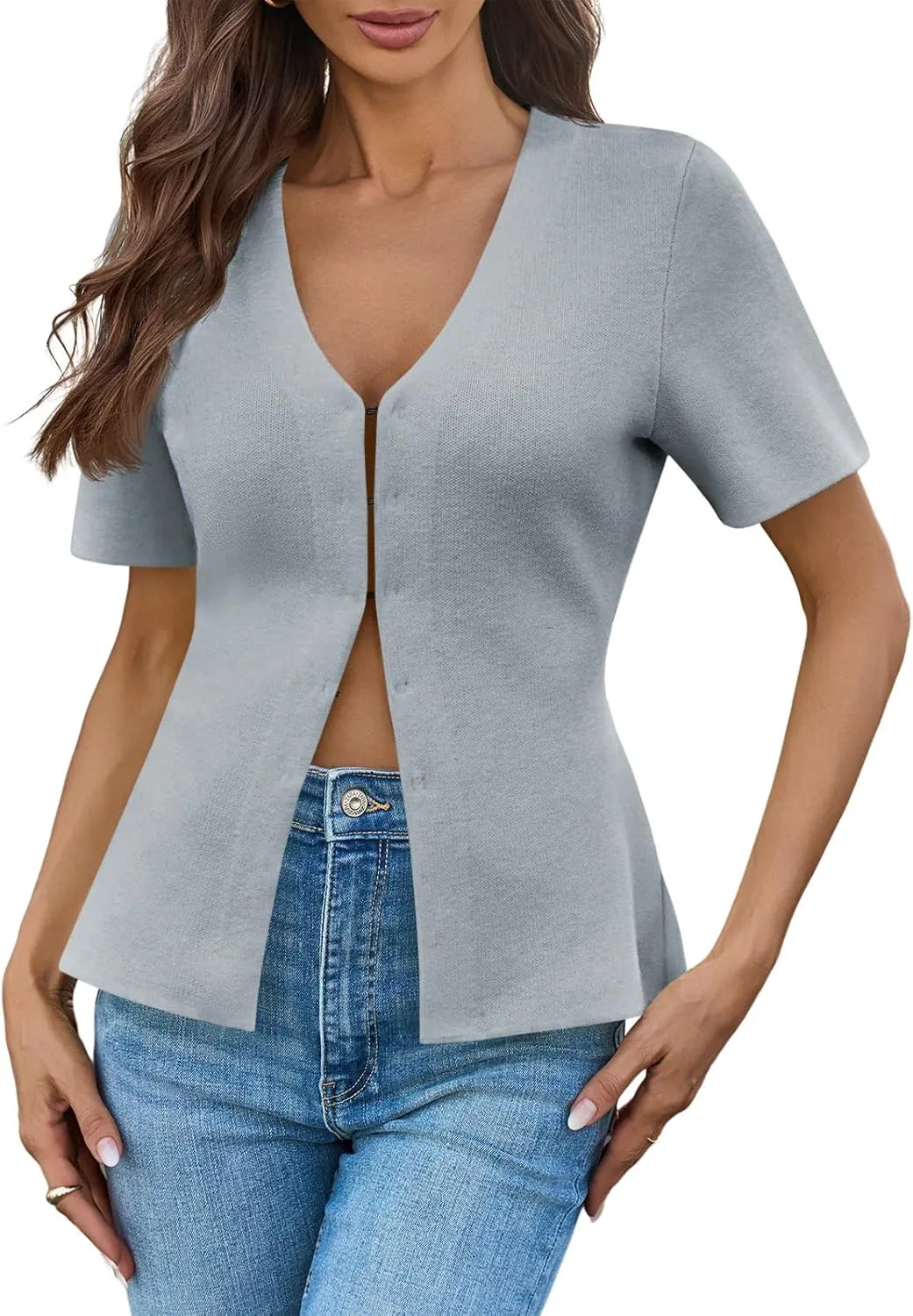 Saodimallsu Womens Short Sleeve Sweater V Neck Peplum Knit Loose Fit Front Slit Dressy Work Tops