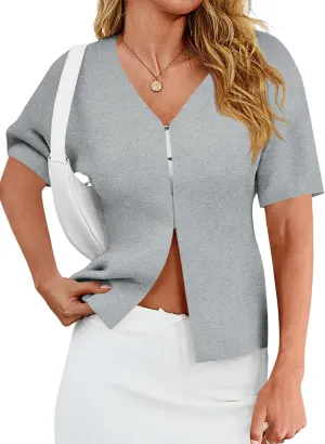 Saodimallsu Womens Short Sleeve Sweater V Neck Peplum Knit Loose Fit Front Slit Dressy Work Tops