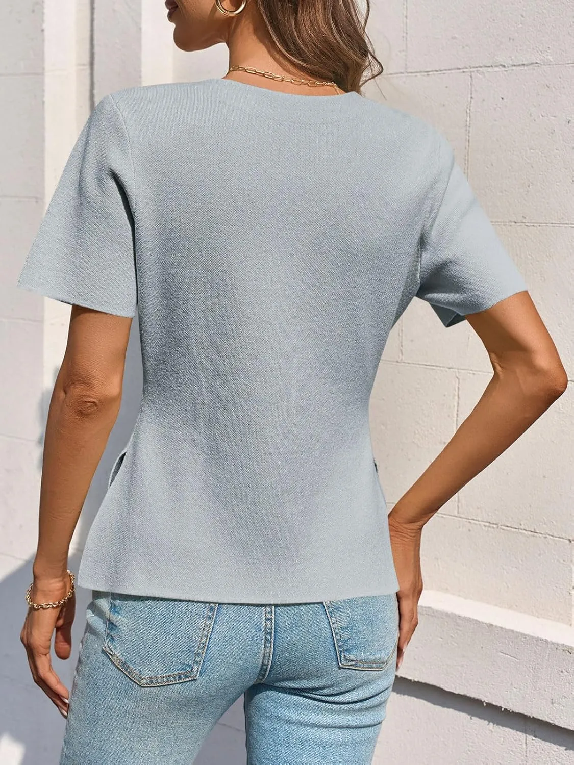 Saodimallsu Womens Short Sleeve Sweater V Neck Peplum Knit Loose Fit Front Slit Dressy Work Tops