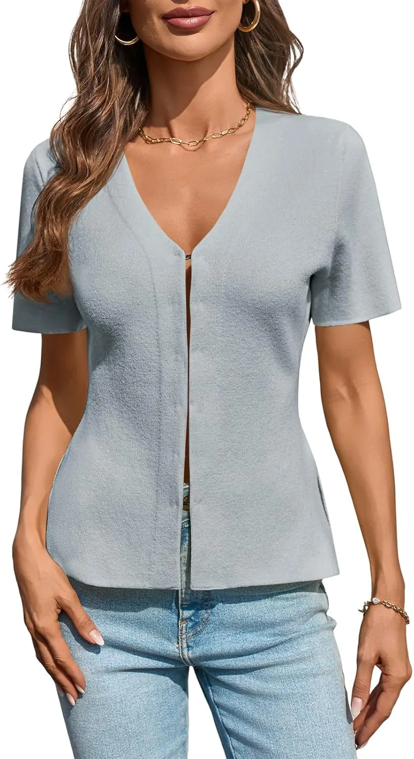 Saodimallsu Womens Short Sleeve Sweater V Neck Peplum Knit Loose Fit Front Slit Dressy Work Tops