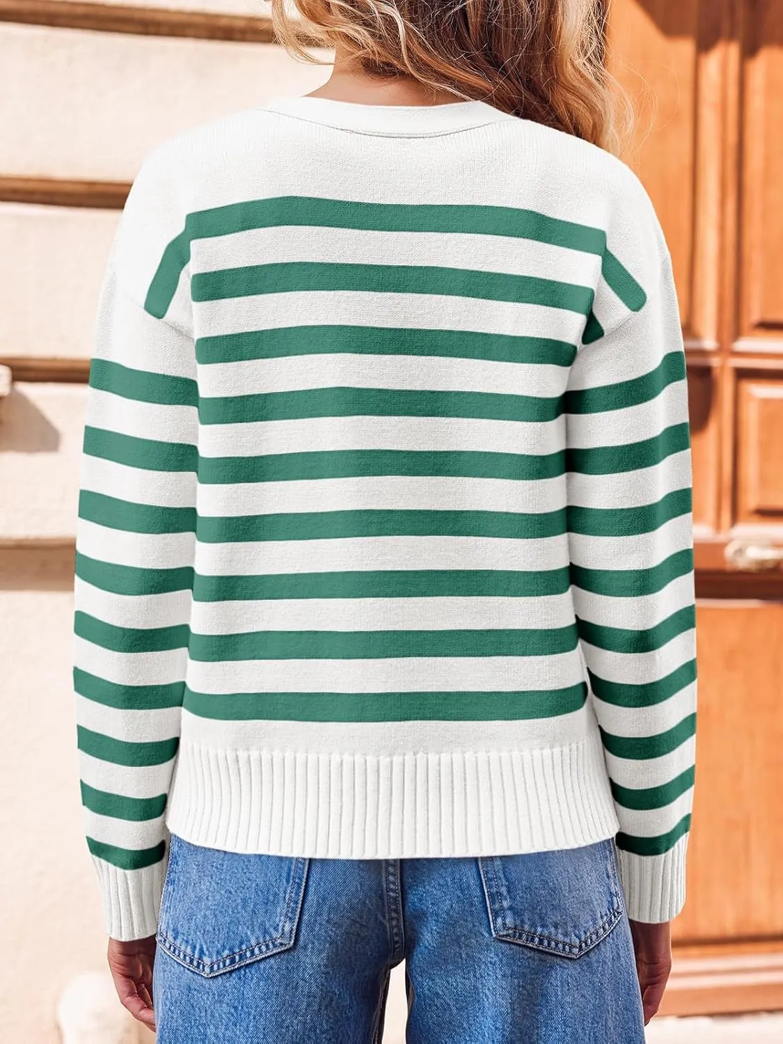 Saodimallsu Womens Striped Cardigan Sweaters V Neck Button Down Long Sleeve Open Front Ribbed Knit Outerwear