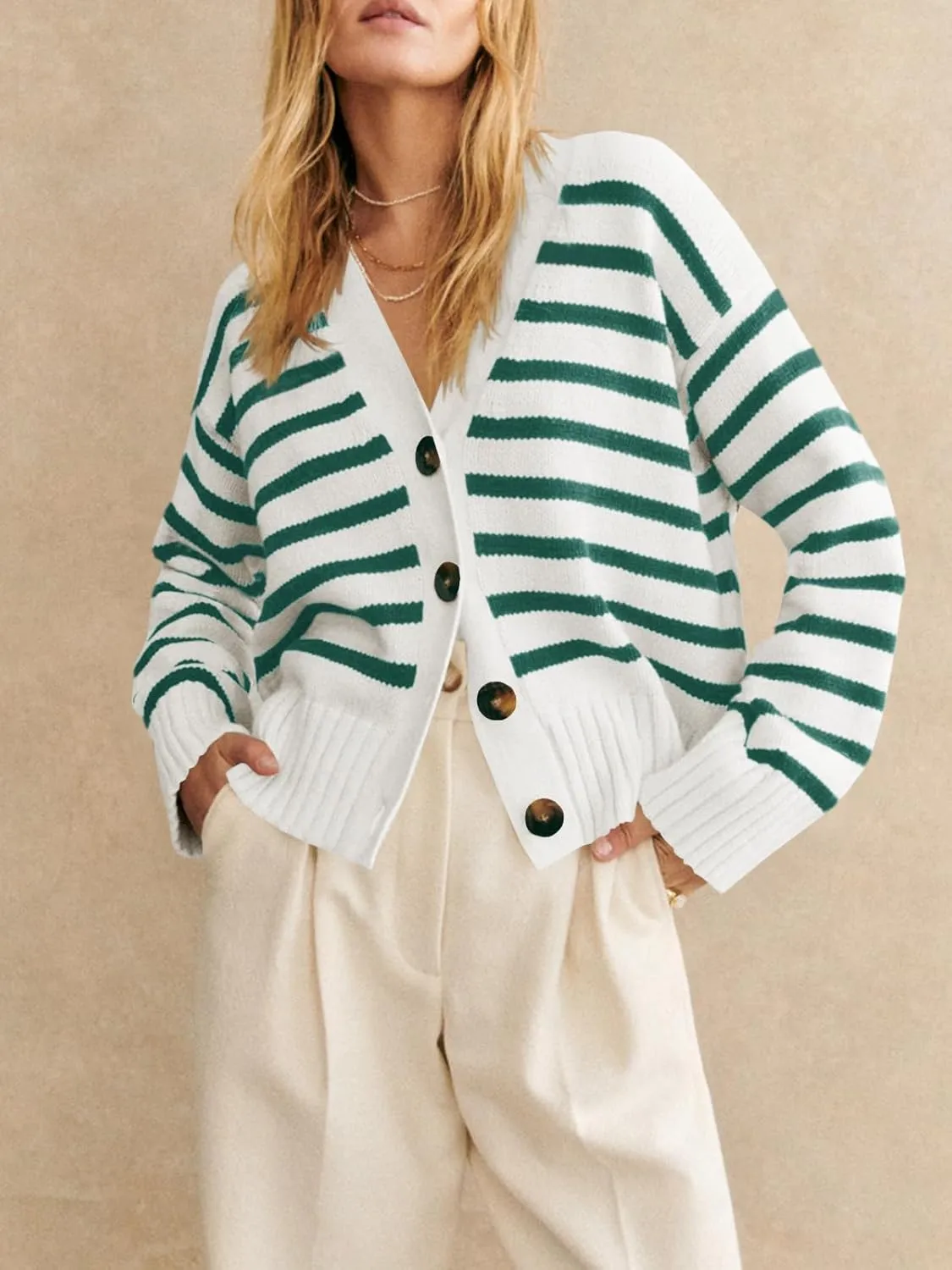 Saodimallsu Womens Striped Cardigan Sweaters V Neck Button Down Long Sleeve Open Front Ribbed Knit Outerwear