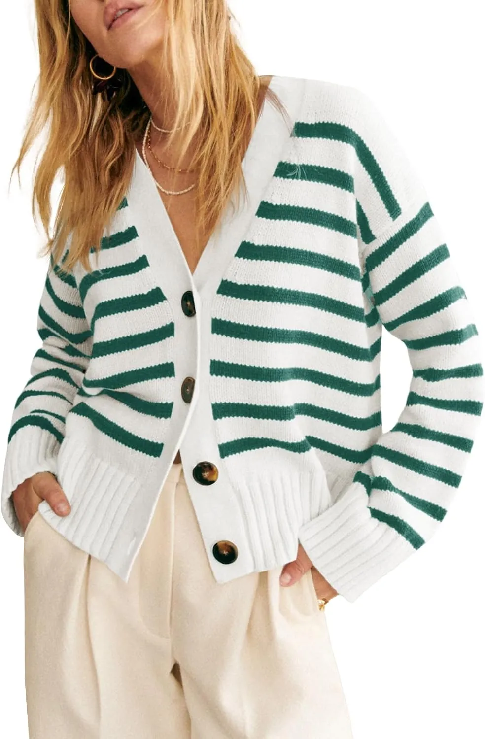 Saodimallsu Womens Striped Cardigan Sweaters V Neck Button Down Long Sleeve Open Front Ribbed Knit Outerwear
