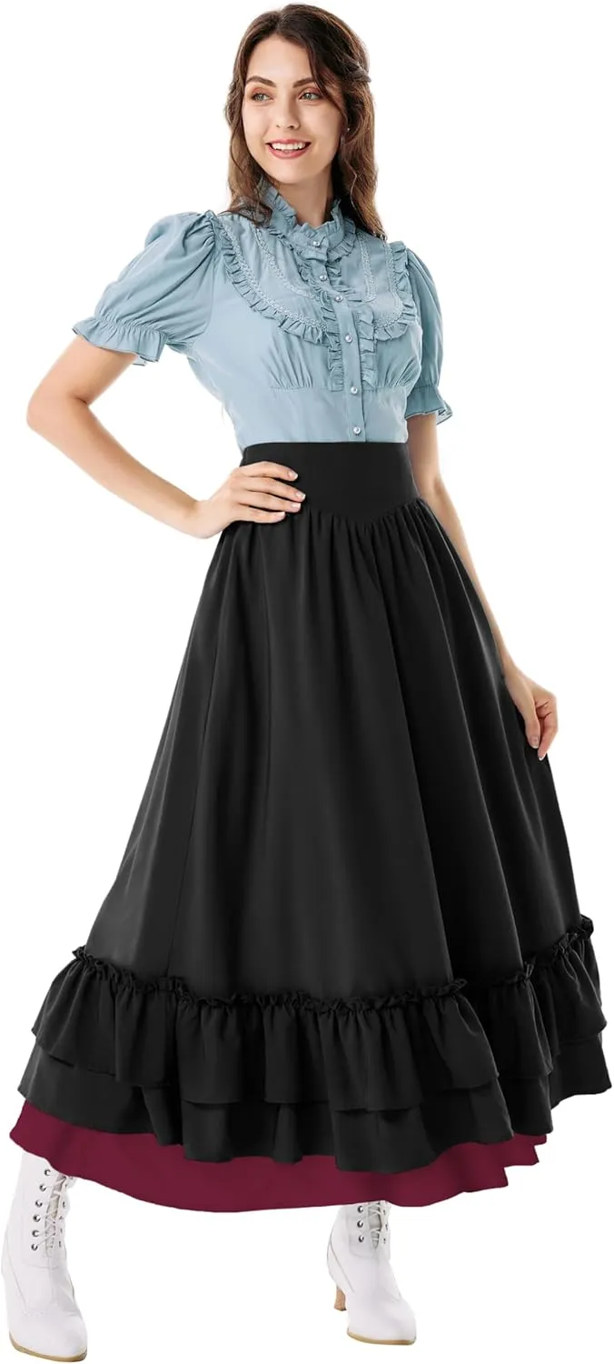 Scarlet Darkness Victorian Maxi Skirt for Women Renaissance Long Double-Layer Ruffle Skirt
