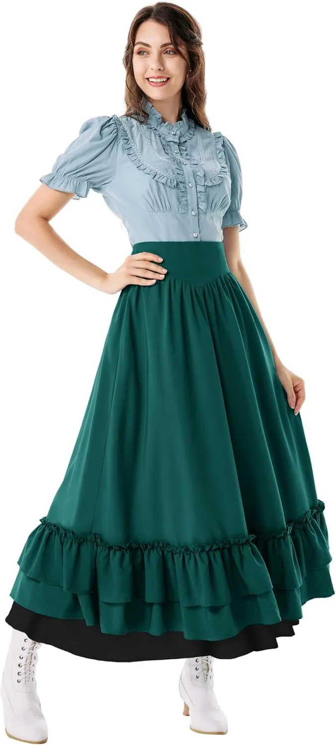 Scarlet Darkness Victorian Maxi Skirt for Women Renaissance Long Double-Layer Ruffle Skirt