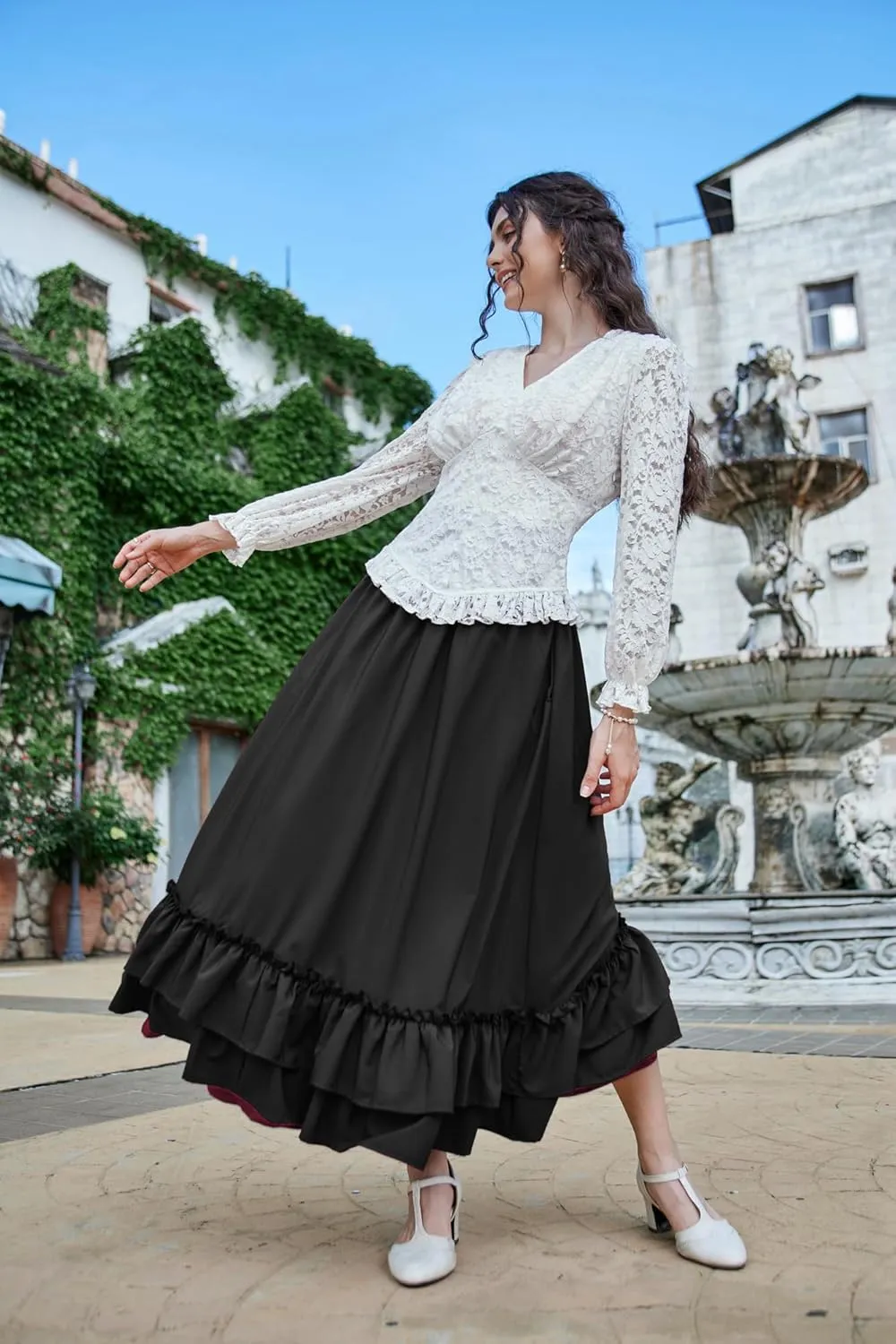 Scarlet Darkness Victorian Maxi Skirt for Women Renaissance Long Double-Layer Ruffle Skirt