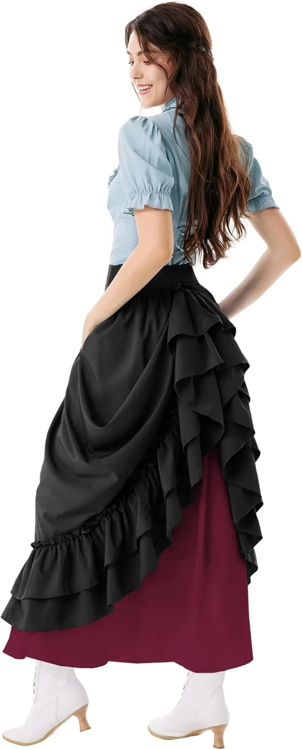 Scarlet Darkness Victorian Maxi Skirt for Women Renaissance Long Double-Layer Ruffle Skirt