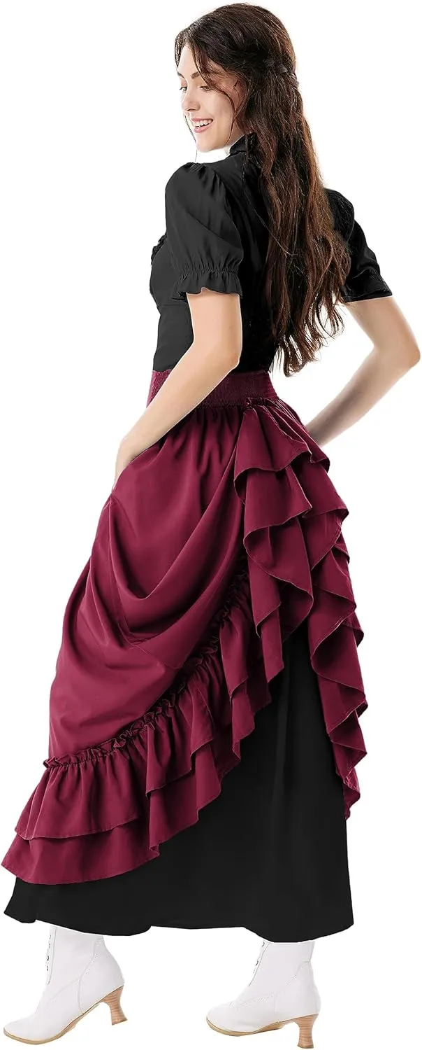 Scarlet Darkness Victorian Maxi Skirt for Women Renaissance Long Double-Layer Ruffle Skirt