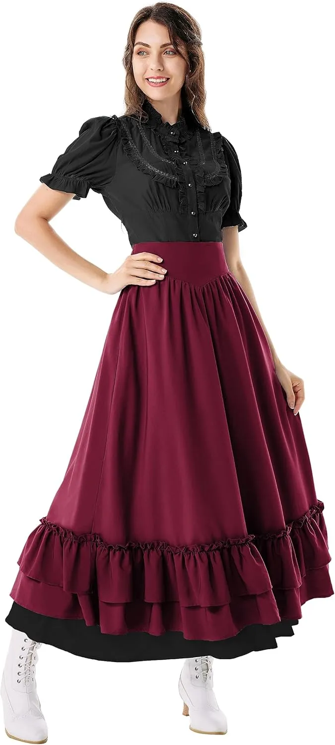 Scarlet Darkness Victorian Maxi Skirt for Women Renaissance Long Double-Layer Ruffle Skirt