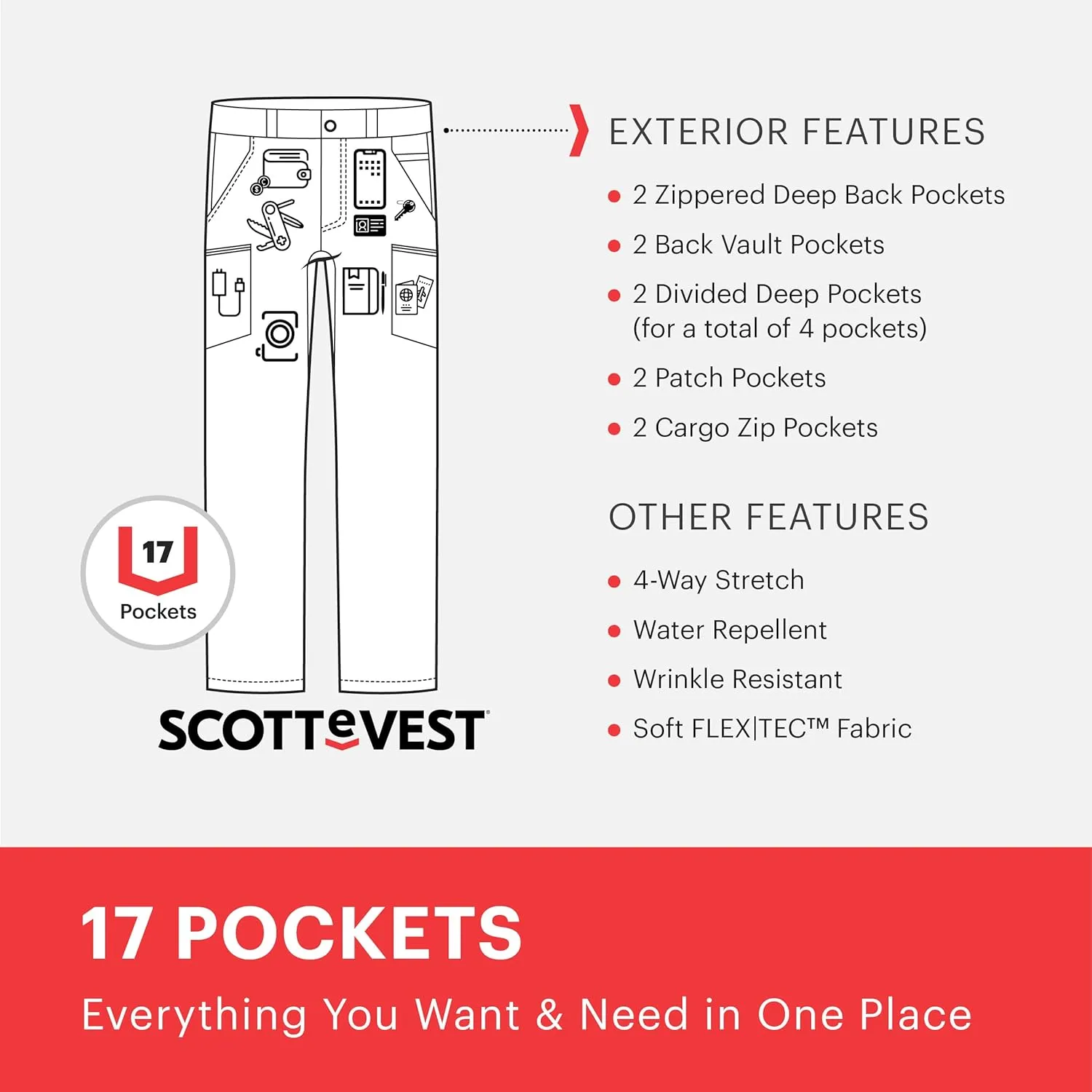 SCOTTeVEST Action Adventure Pant for Men - 17 Hidden Pockets - Water Repellent for Travel & More