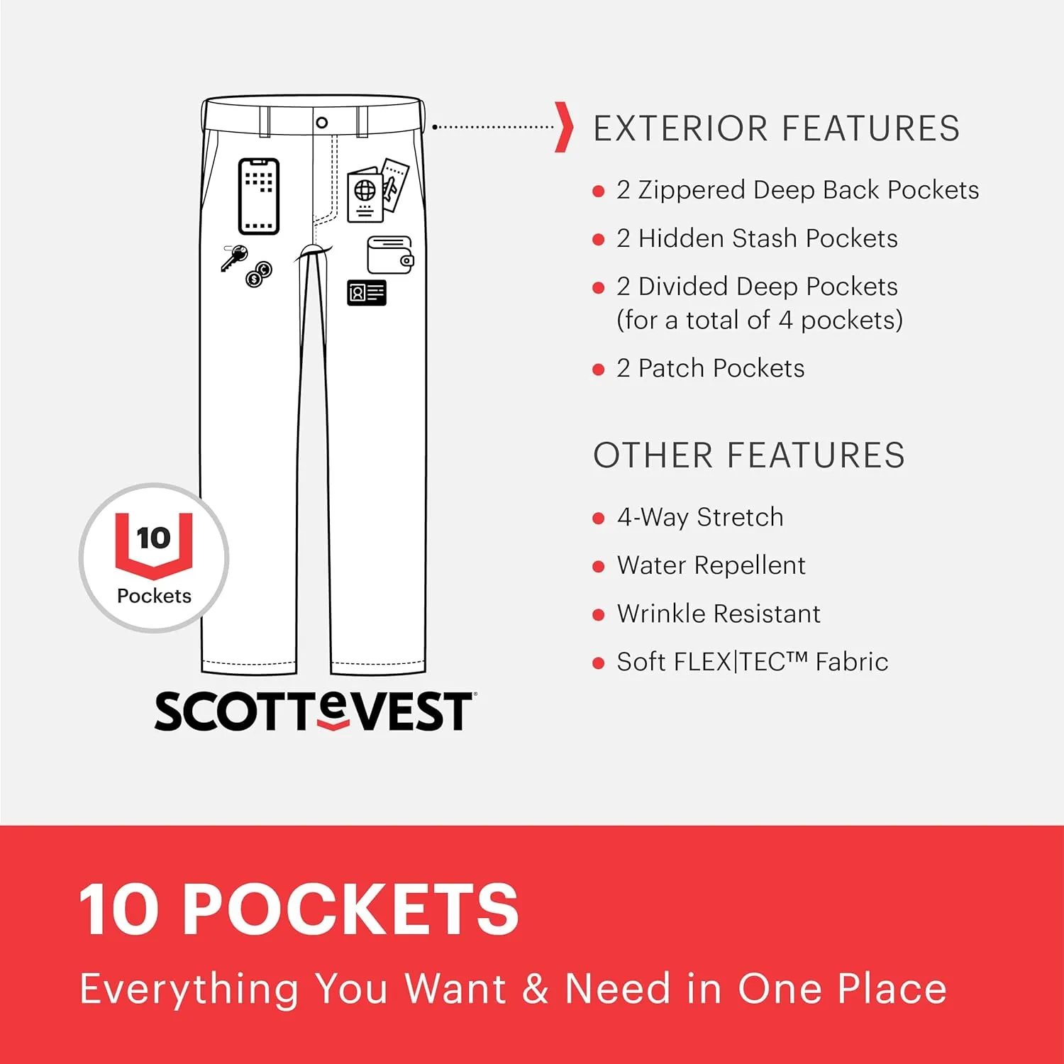 SCOTTeVEST Covert Cargo Chino Pant for Men - 10 Hidden Pockets - Water Repellent for Travel & More