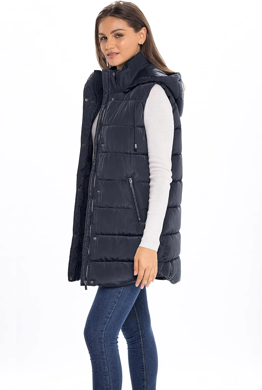 Sebby S.E.B Women's Long Puffer Vest, Quilted Faux Down Filled Hooded Vest for Fall and Winter