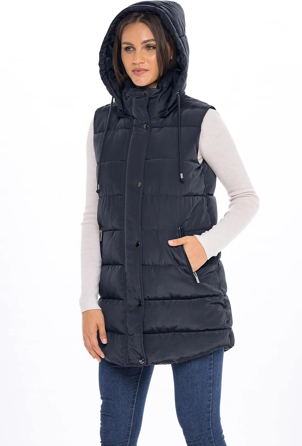 Sebby S.E.B Women's Long Puffer Vest, Quilted Faux Down Filled Hooded Vest for Fall and Winter