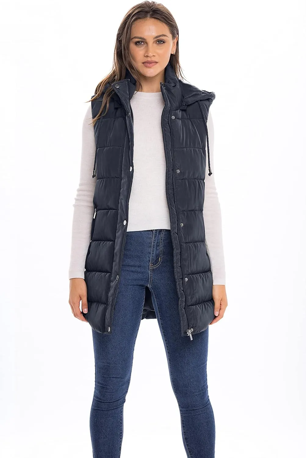 Sebby S.E.B Women's Long Puffer Vest, Quilted Faux Down Filled Hooded Vest for Fall and Winter