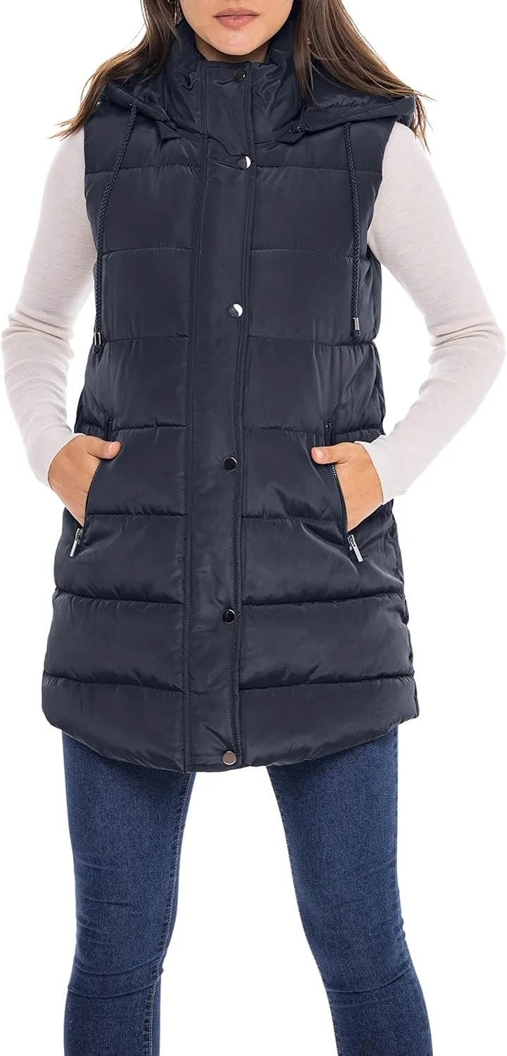 Sebby S.E.B Women's Long Puffer Vest, Quilted Faux Down Filled Hooded Vest for Fall and Winter