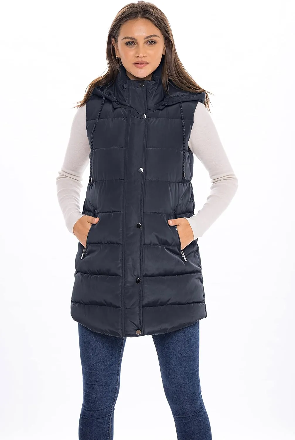 Sebby S.E.B Women's Long Puffer Vest, Quilted Faux Down Filled Hooded Vest for Fall and Winter