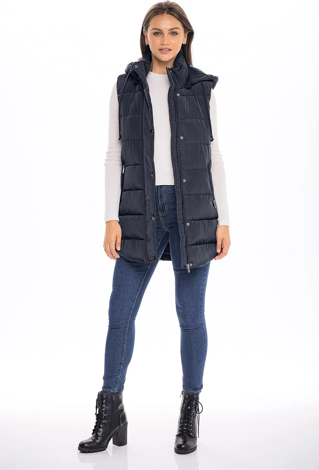 Sebby S.E.B Women's Long Puffer Vest, Quilted Faux Down Filled Hooded Vest for Fall and Winter