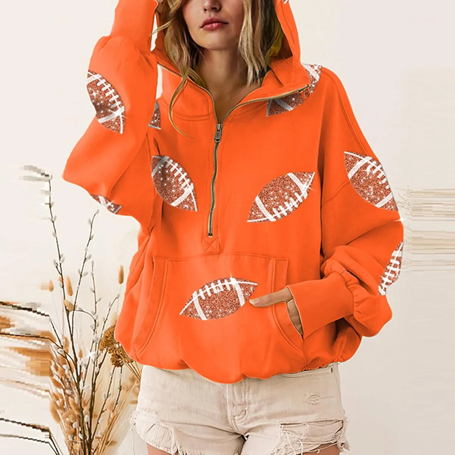 SeekMe Womens Game Day Sweatshirts Football Sequin Hoodies Tailgate Outfits Long Sleeve Zipper Sweaters with Pocket