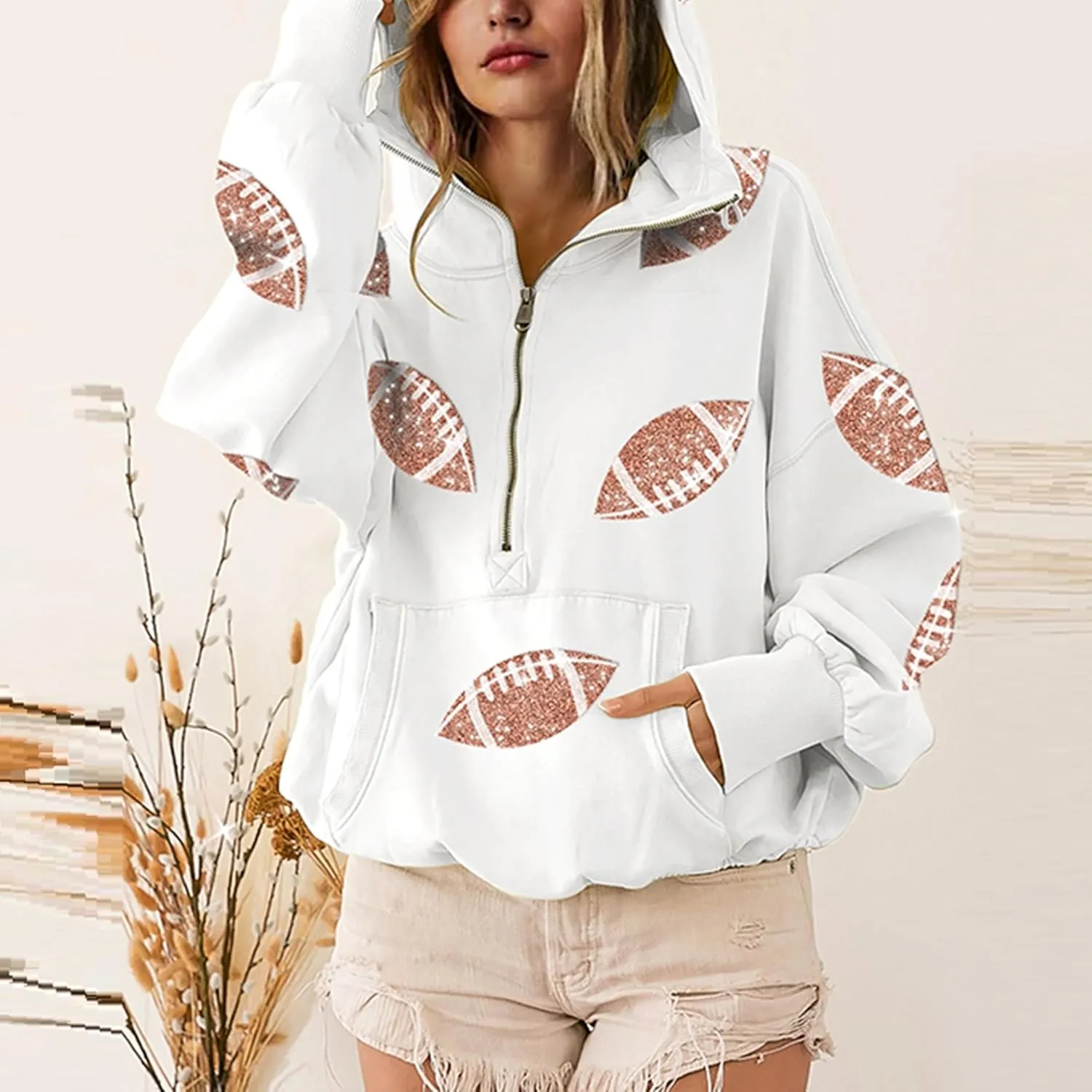 SeekMe Womens Game Day Sweatshirts Football Sequin Hoodies Tailgate Outfits Long Sleeve Zipper Sweaters with Pocket