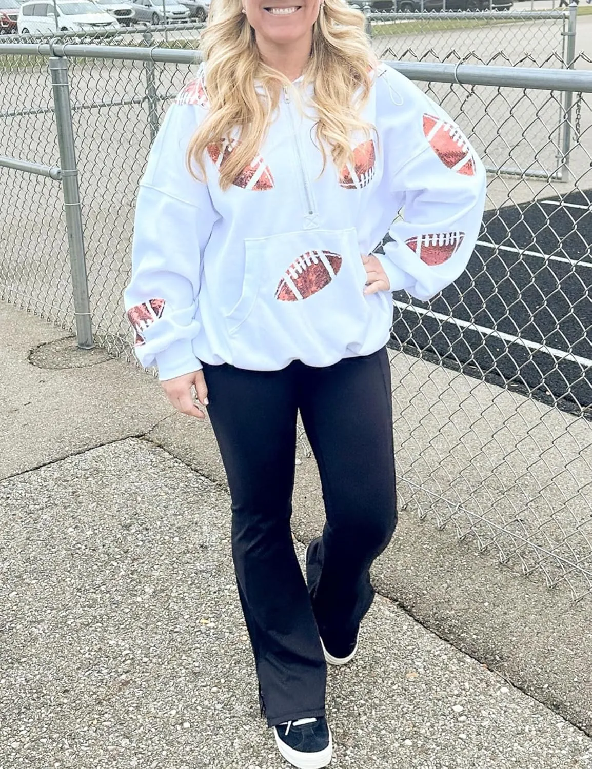 SeekMe Womens Game Day Sweatshirts Football Sequin Hoodies Tailgate Outfits Long Sleeve Zipper Sweaters with Pocket