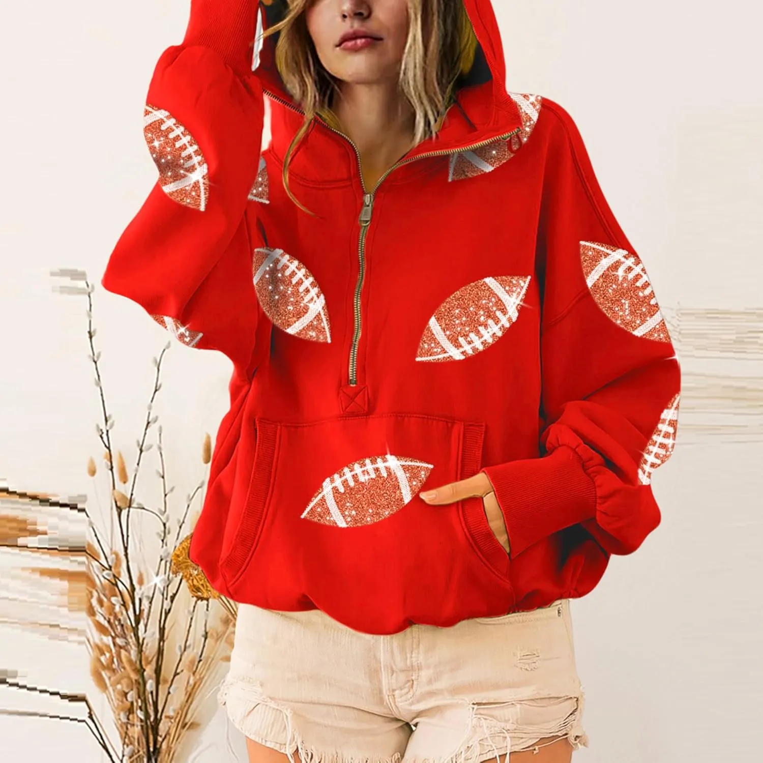 SeekMe Womens Game Day Sweatshirts Football Sequin Hoodies Tailgate Outfits Long Sleeve Zipper Sweaters with Pocket