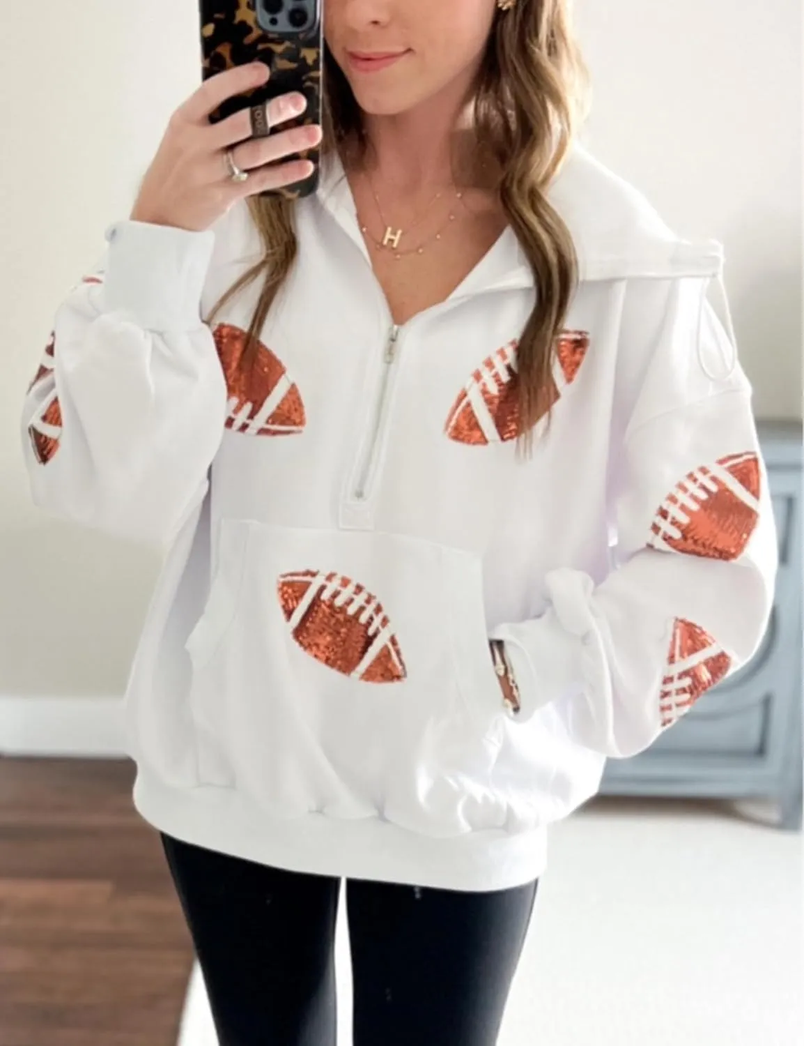 SeekMe Womens Game Day Sweatshirts Football Sequin Hoodies Tailgate Outfits Long Sleeve Zipper Sweaters with Pocket