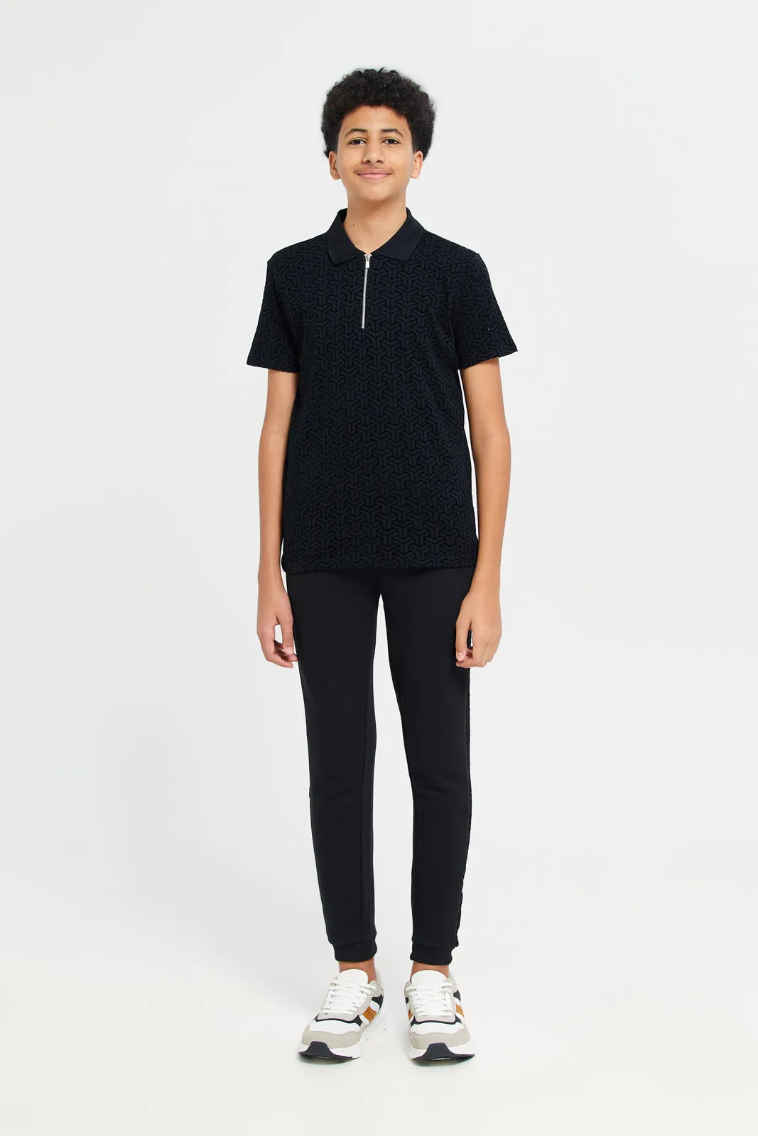 Senior Boys Black Printed Polo Shirt