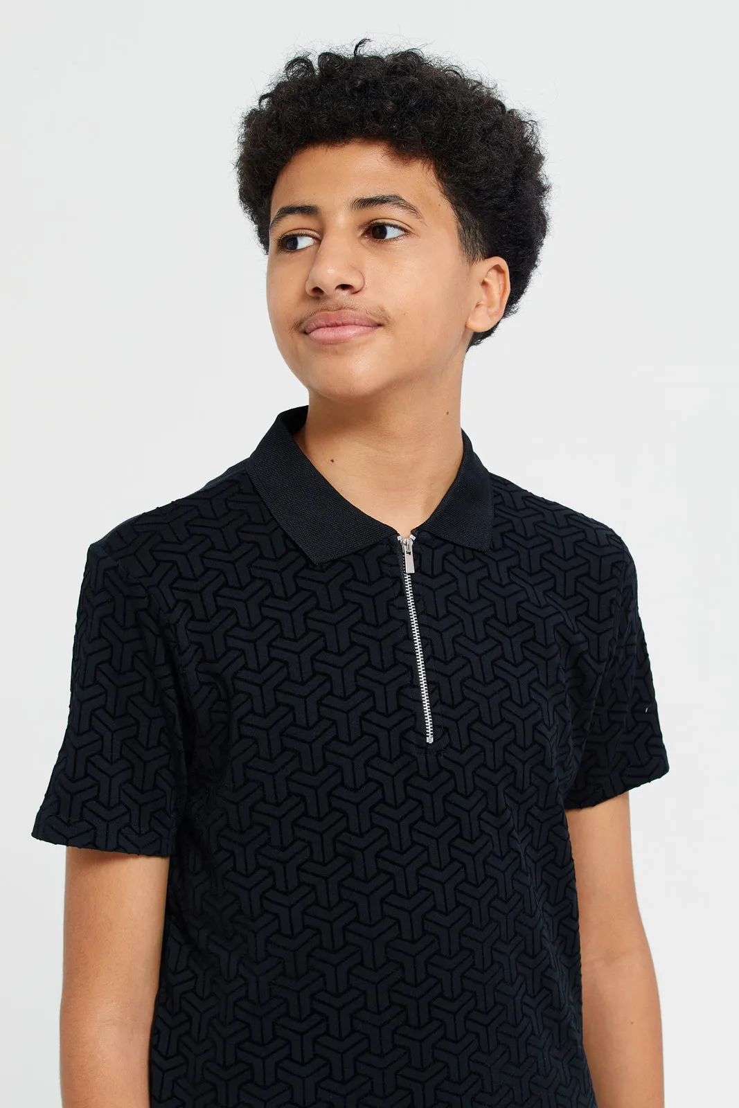 Senior Boys Black Printed Polo Shirt
