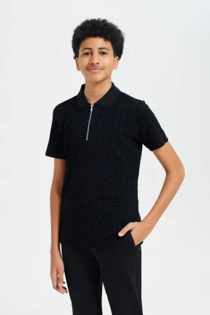 Senior Boys Black Printed Polo Shirt