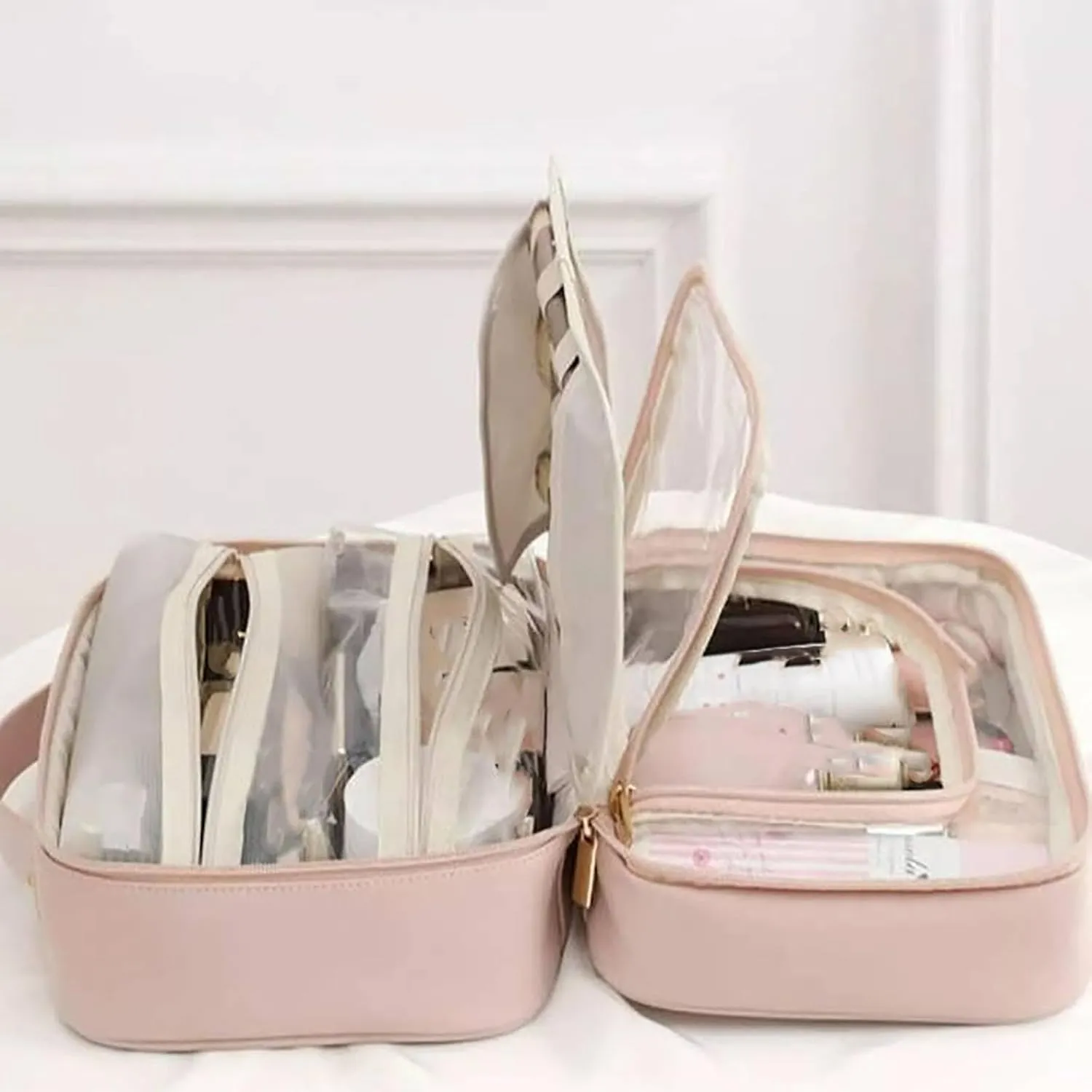 Set Patient Makeup Bag, Set Patient Makeup Pouch, Multi Compartment Toiletry Cosmetic Bag, Travel Makeup Pouch for Women, Portable Water Resistant Versatile Makeup Organizer Bag (1pcs-Pink)