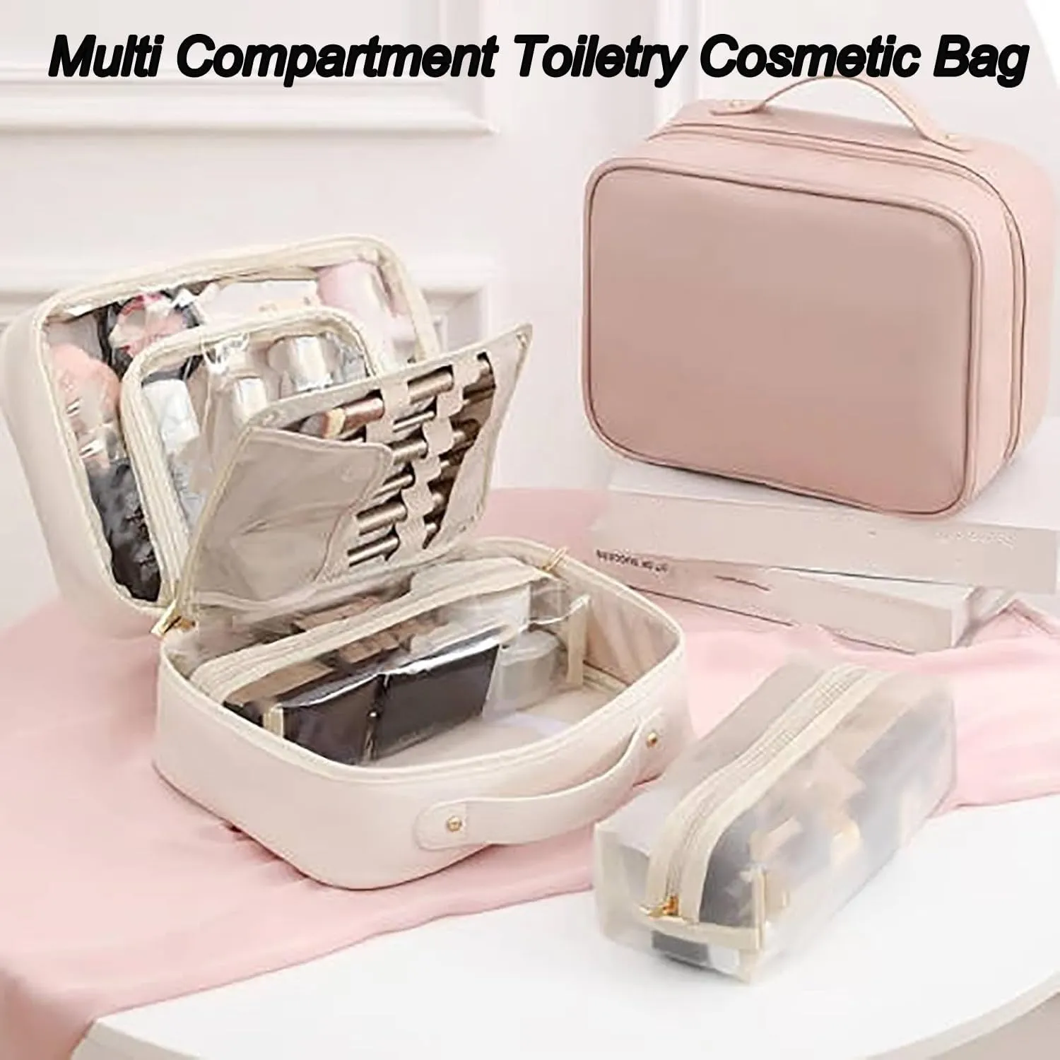 Set Patient Makeup Bag, Set Patient Makeup Pouch, Multi Compartment Toiletry Cosmetic Bag, Travel Makeup Pouch for Women, Portable Water Resistant Versatile Makeup Organizer Bag (1pcs-Pink)