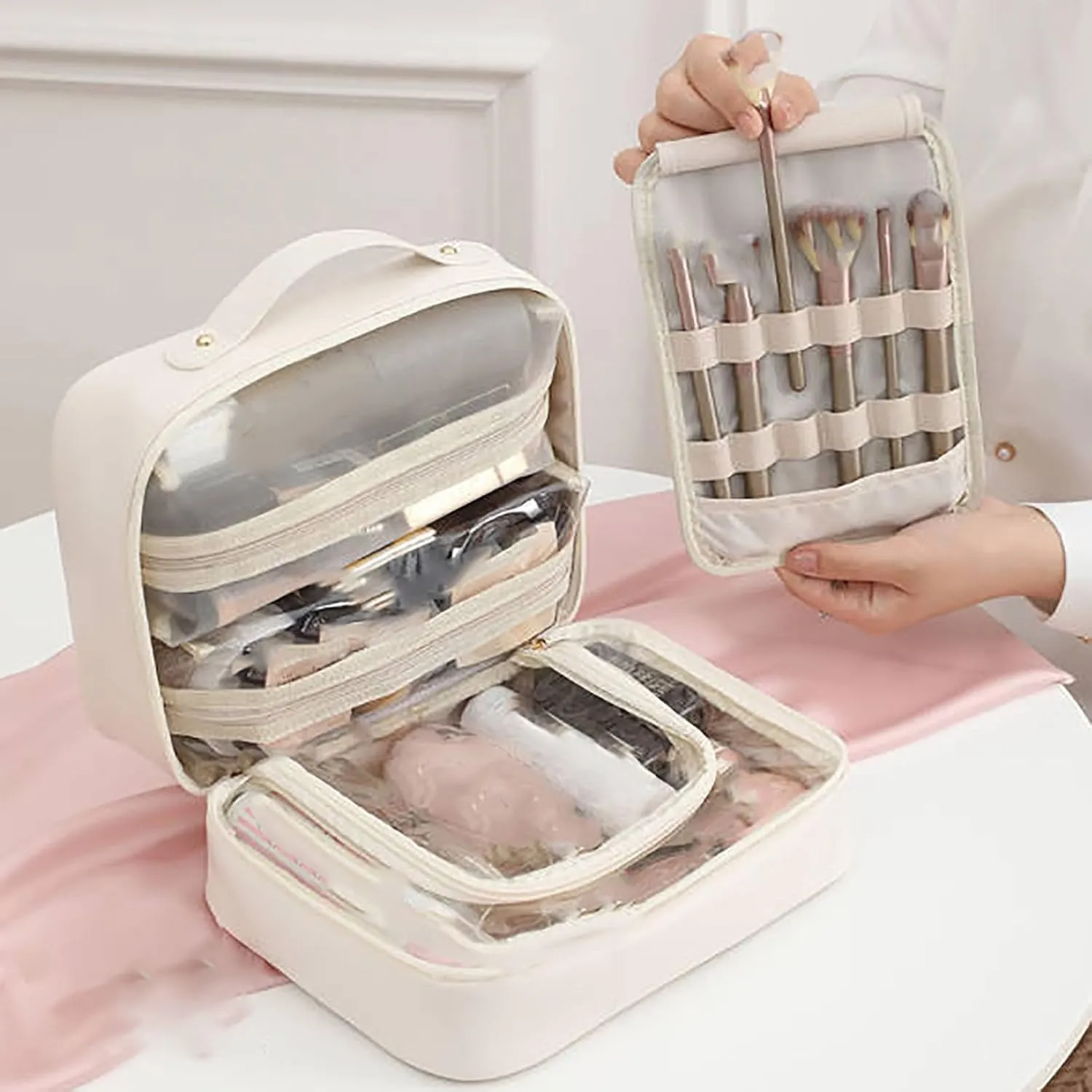 Set Patient Makeup Bag, Set Patient Makeup Pouch, Multi Compartment Toiletry Cosmetic Bag, Travel Makeup Pouch for Women, Portable Water Resistant Versatile Makeup Organizer Bag (1pcs-Pink)