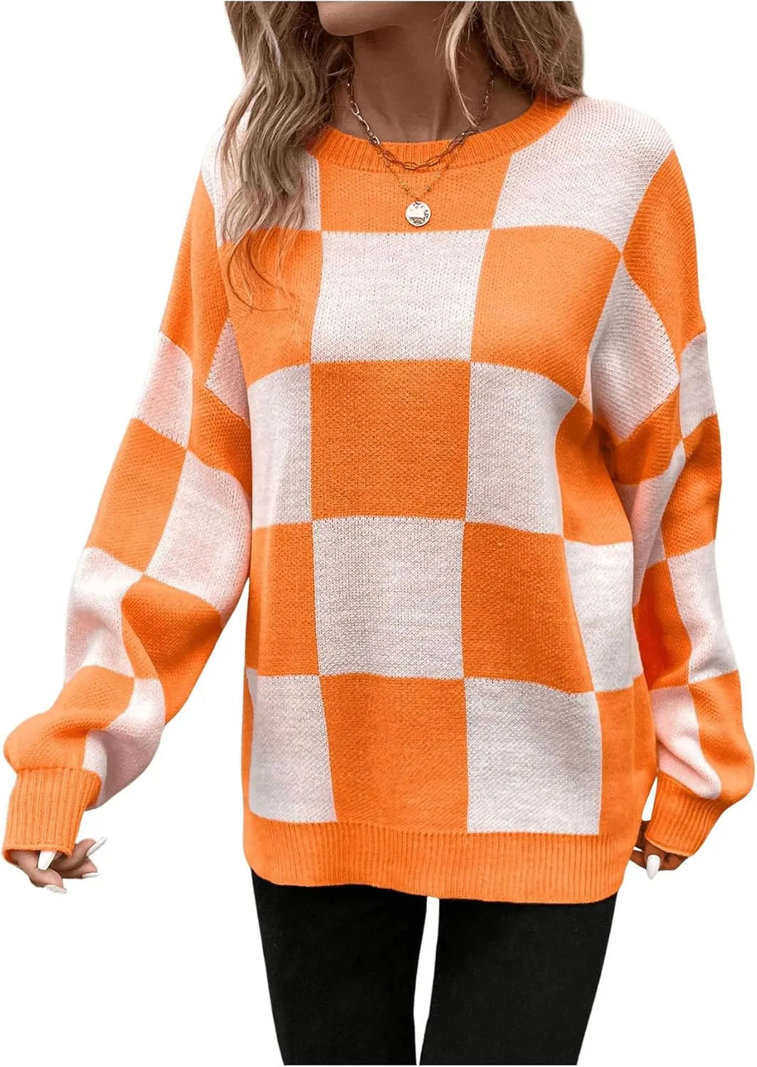SHENHE Women's Checkered Color Block Oversized Sweater Plaid Crew Neck Drop Shoulder Pullovers