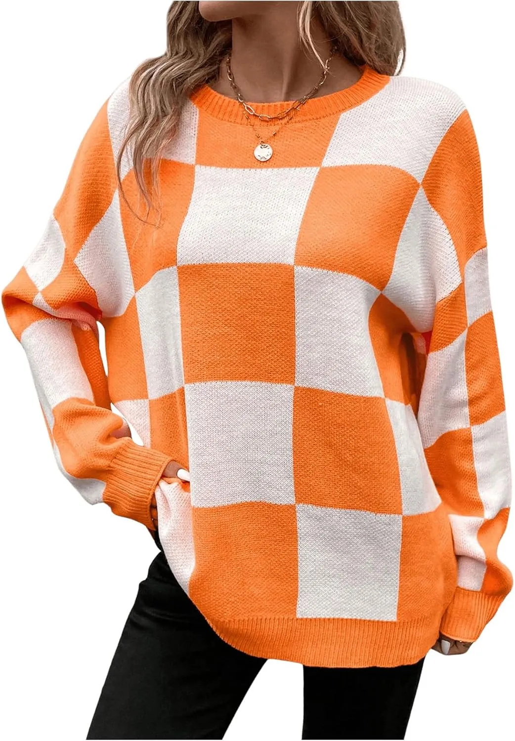 SHENHE Women's Checkered Color Block Oversized Sweater Plaid Crew Neck Drop Shoulder Pullovers