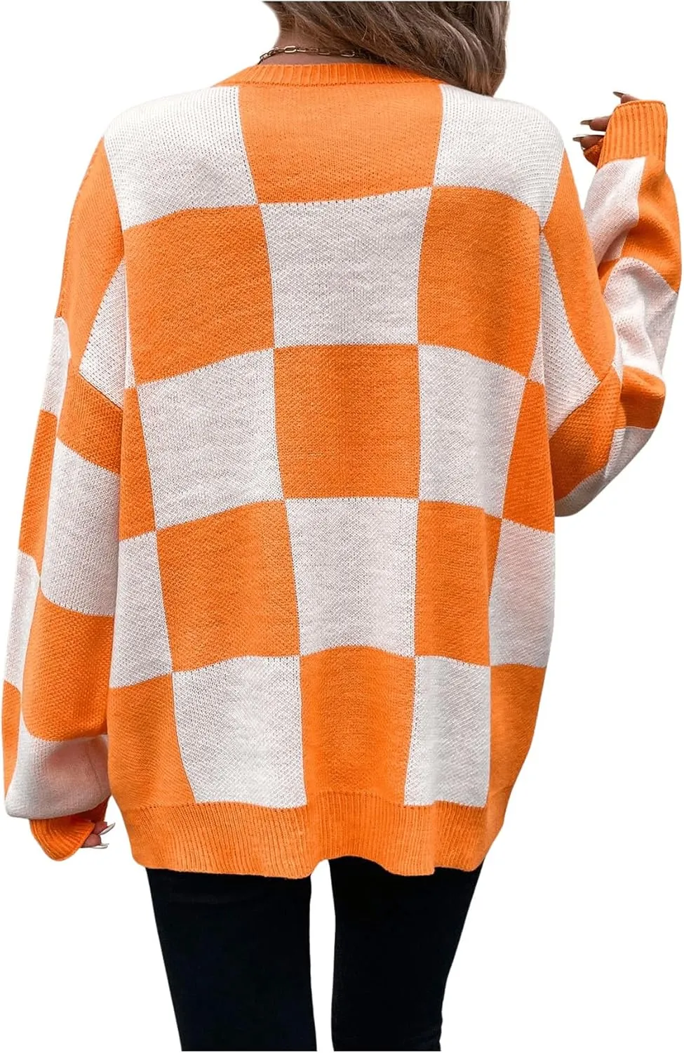SHENHE Women's Checkered Color Block Oversized Sweater Plaid Crew Neck Drop Shoulder Pullovers