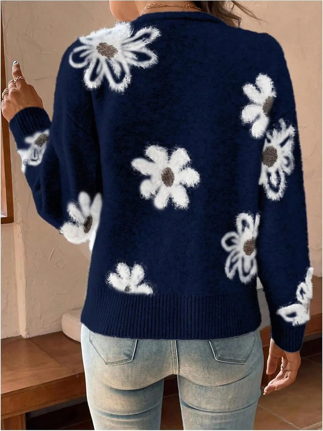 SHENHE Women's Floral Print Button Down Cardigan V Neck Drop Shoulder Knit Outerwear