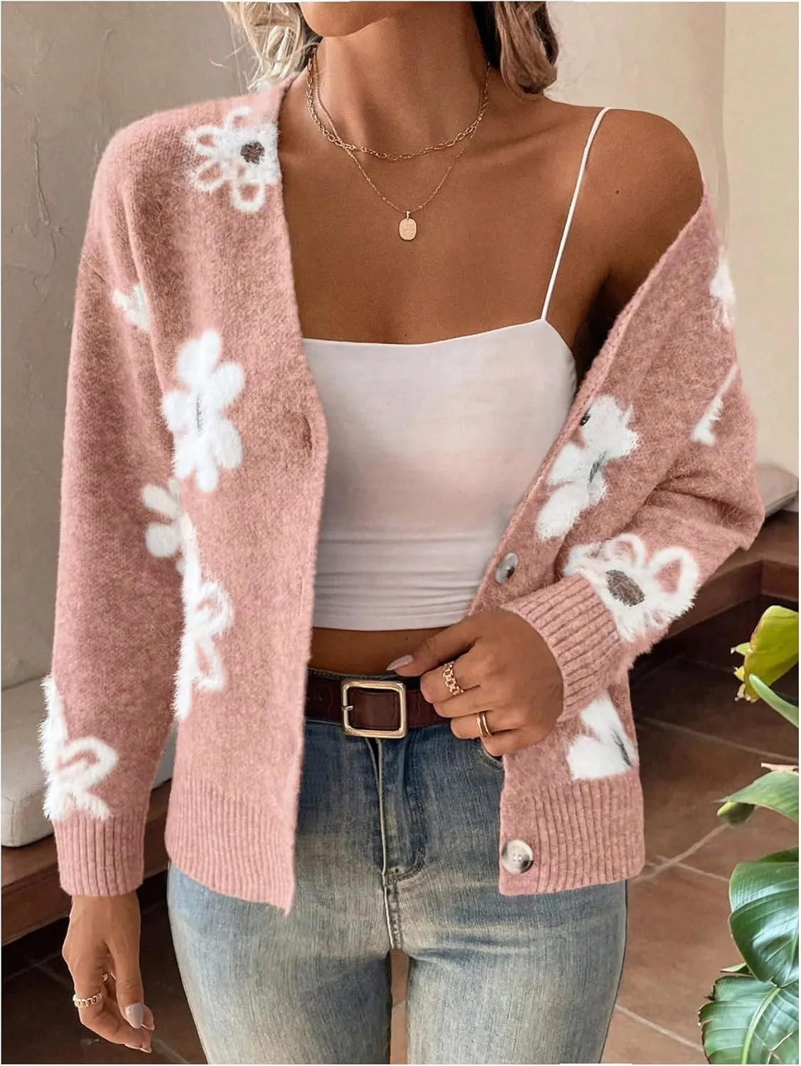 SHENHE Women's Floral Print Button Down Cardigan V Neck Drop Shoulder Knit Outerwear